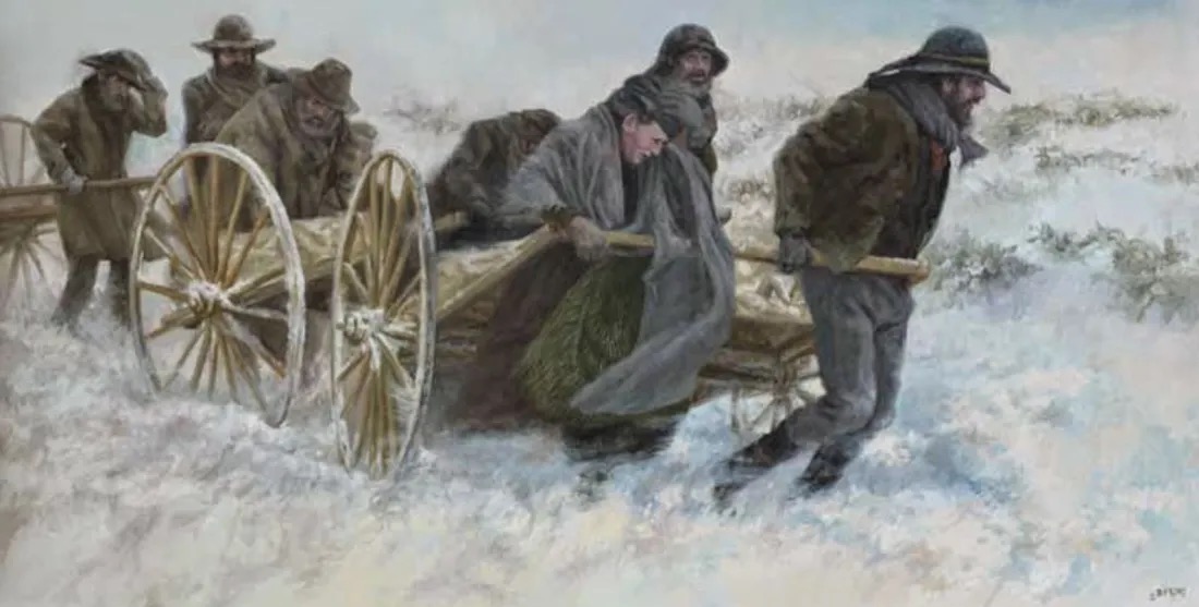 Painting of handcart pioneers pushing through snow